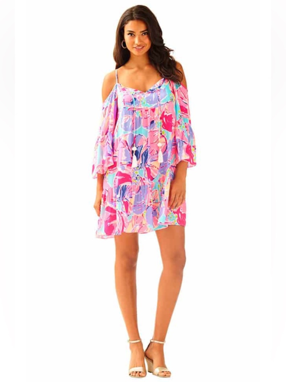 RARE Lilly Pulitzer Alanna Cold Shoulder Dress “Jam Out” bright color print XS